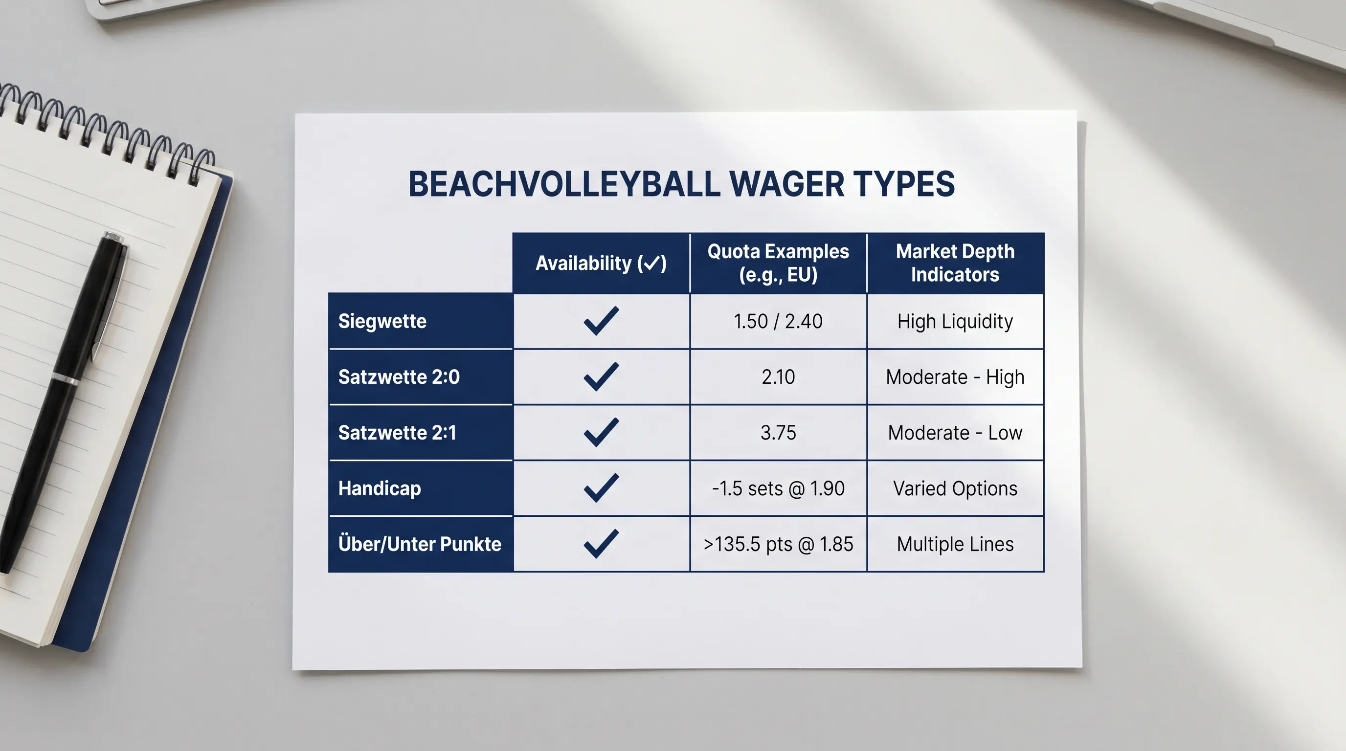 Übersicht der verfügbaren Beachvolleyball Wettarten bei BildBet inklusive Satzwette und Handicap