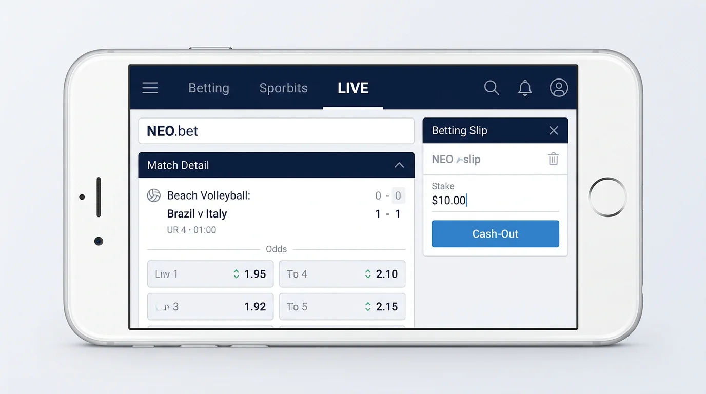 NEO.bet Usability und Features für Beachvolleyball Live-Wetten – Cash-Out, Plattformnavigation und In-Play-Interface